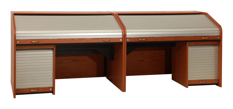 HH-Custom rolltop custom in Warm Cherry, front three-quarter view with the tambour doors closed