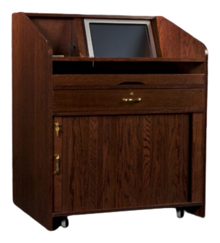 USAVID44 Custom lectern with USKB keyboard pullout, under-key drawer and a recessed angled LCD mount