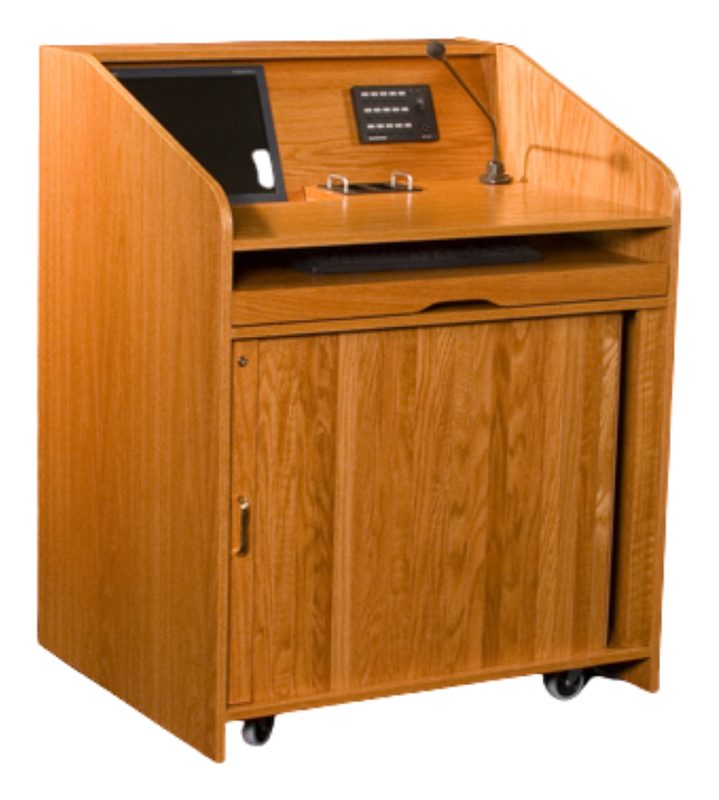 USAVID32 lectern modified with an angled LCD monitor, microphone cutout and horizontal rolling tambour