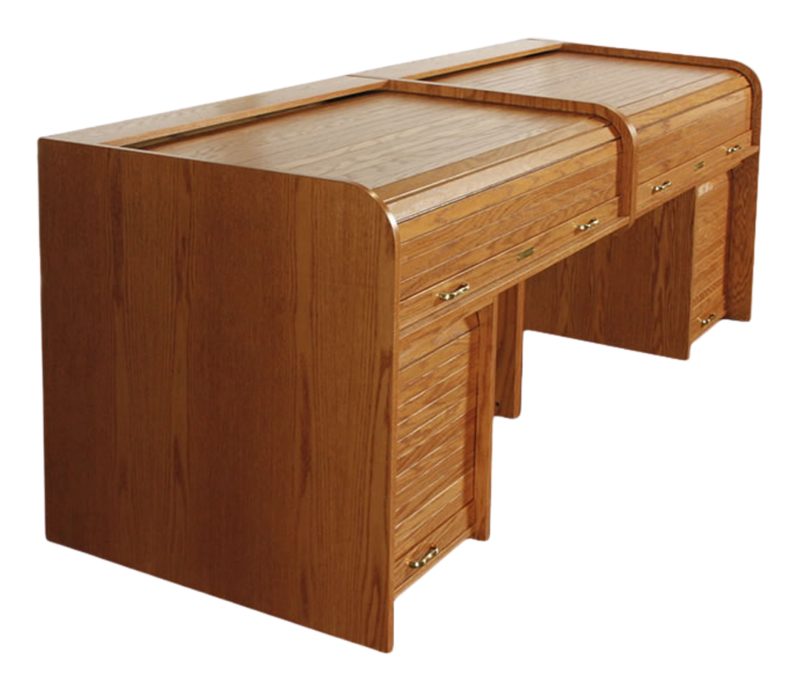 A-Custom mirrored twin rolltop desk, three-quarter view of the two desks bolted as one unit