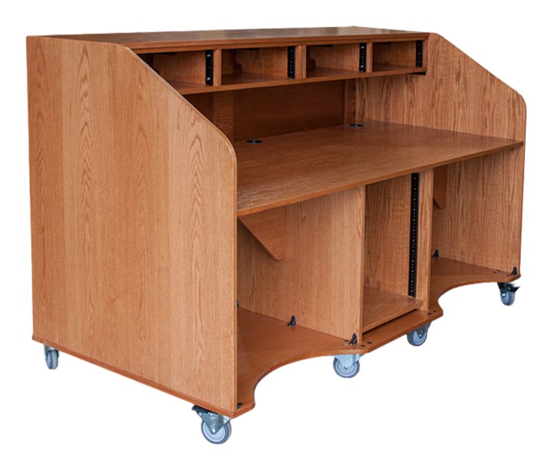 BB-Custom rack center rolltop quad AV control desk on a double-scooped RollBase with locking casters