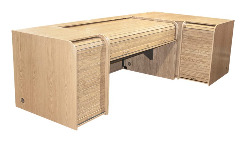 C-Custom L-shaped corner AV control center with Inspire Super Extended desk and custom corner cabinet