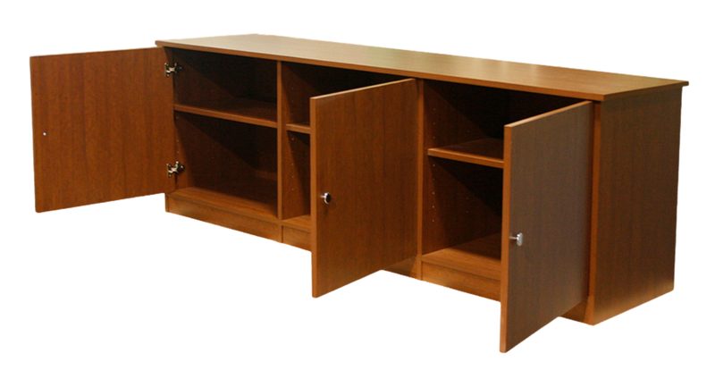 CC-Custom laminate storage credenza with three locking doors, front view of the seven foot cabinet