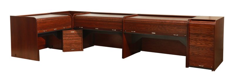 Custom #23055 L-shaped corner desk in Teak, three-quarter view based on the Inspire Series