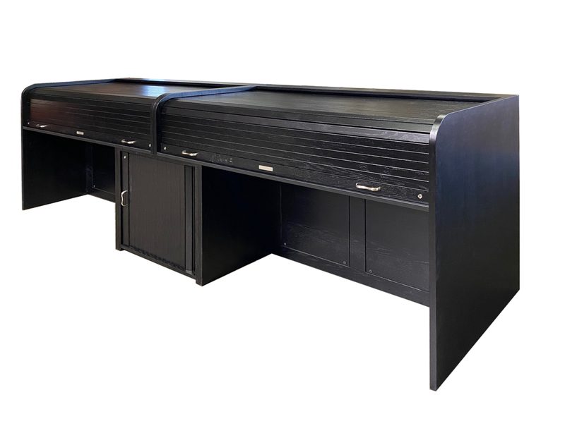 Custom Desk # 24017 open desk in Ebony Black with a center rack, three-quarter front view