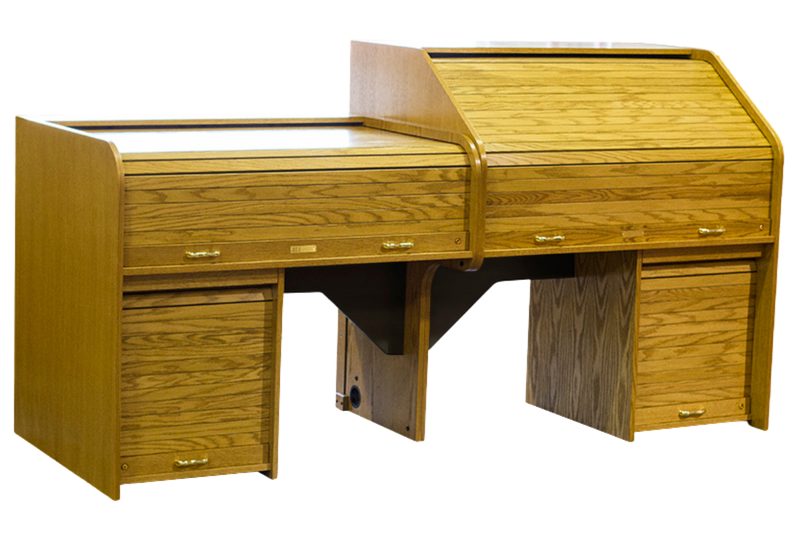 D-Custom mixed pair of Standard and High Rise Standard rolltop desks bolted together with a pass-by