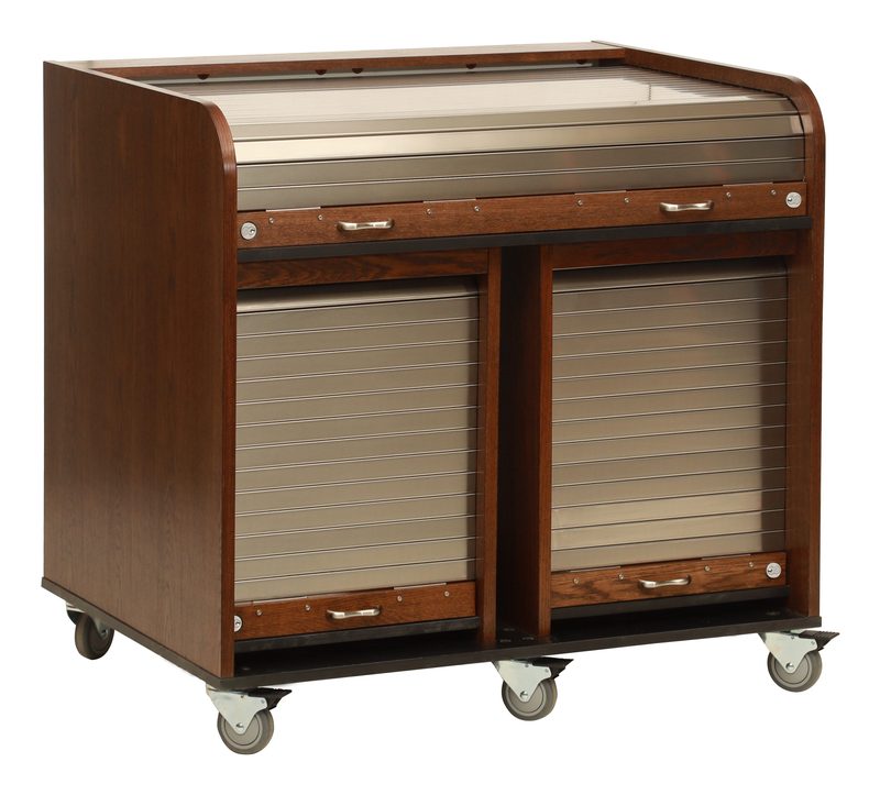 DD-Custom rolltop rack desk in walnut, three-quarter view of the dual 12RU lower racks