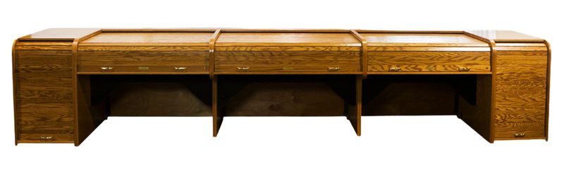 E-Custom triple desk work center based on the Inspire Extended Series, three-quarter view