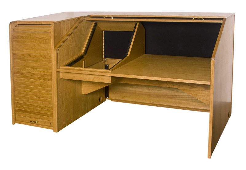 H-Custom Inspire High Rise Extended desk with a video turret rack enclosed in the main desk body