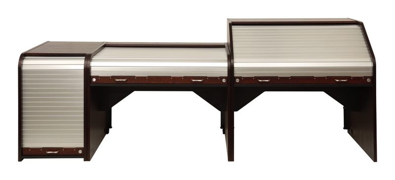 GG-Custom INSSTD-II and INSHRS-D desks in Antique Cherry with aluminum rolltops and institutional locks