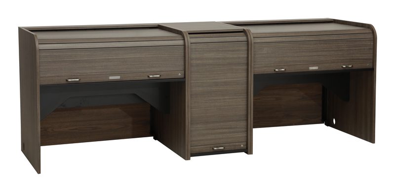 J-Custom Inspire Standard rolltop desks sharing a siderack, shown closed in a front three-quarter view