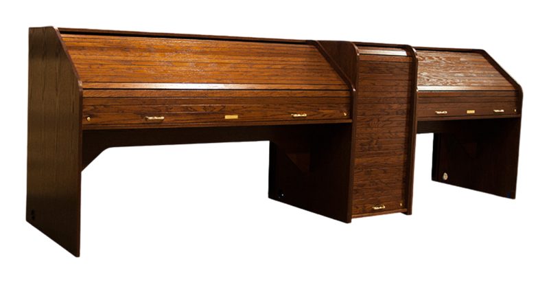 K-Custom Inspire Rolltop Custom control desk with a single siderack and 44 inch High Rise Extended body