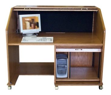 N-Custom High Rise Extended rolltop desk with computer CPU bay beside the rack mounted electronics