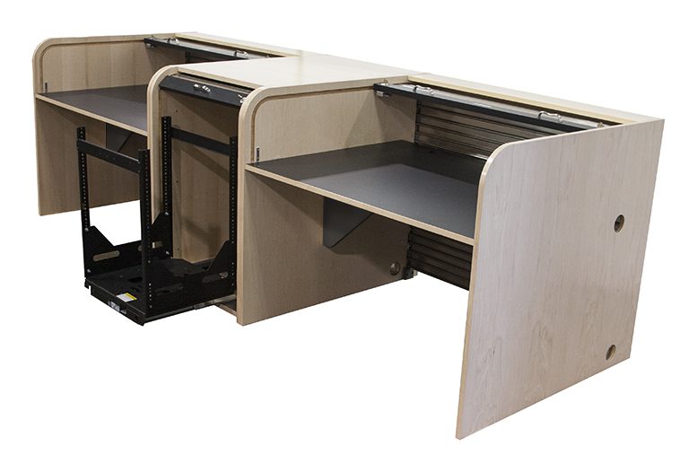 T-Custom dual desk console with a pullout rotational rack, shown with the rack pulled forward
