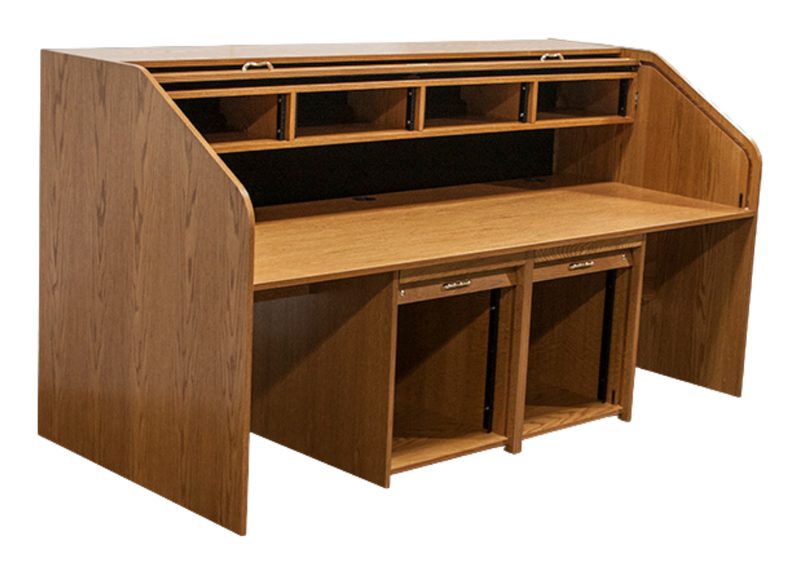 V-Custom Rolltop Custom Quad split for two AV operators, with both 10RU undermounted racks centered