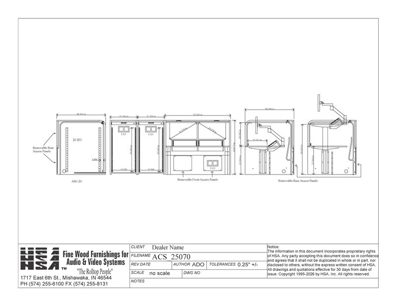 Ascension 25070 workstation spec drawing with dimensions and rack bay layout