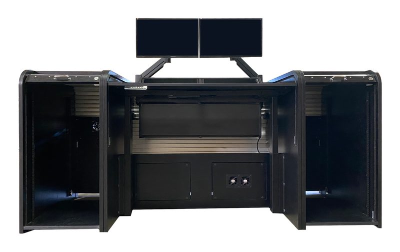 Ascension 25070 workstation, front view open with rolltop tambours retracted