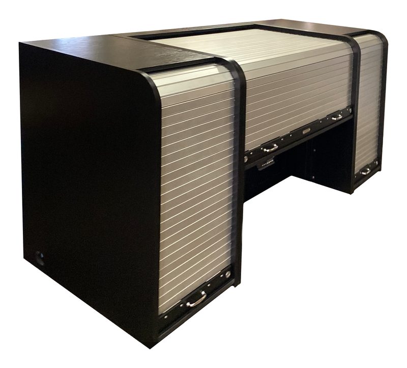 Ascension 25070 dual monitor workstation, front angle view with rolltop closed