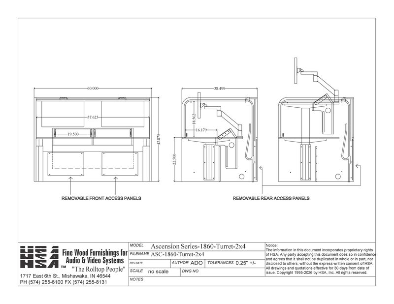 Ascension 25070-Turret-2x4 spec drawing showing turret layout and two 4RU racks