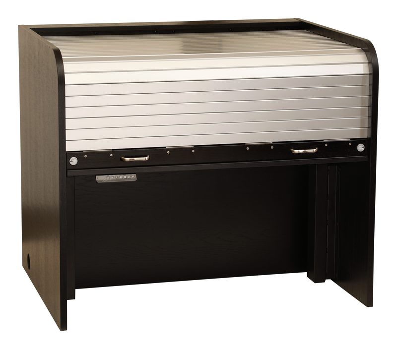 Ascension Series 1444 lift desk, front view closed with anodized aluminum tambour