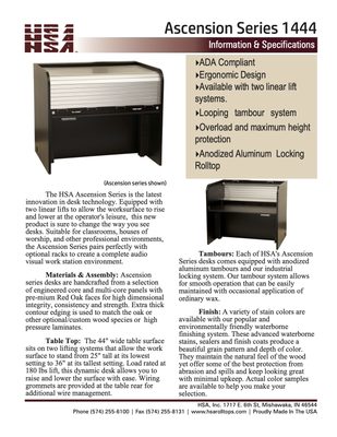 Ascension 1444 lift desk specification sheet with dimensions and standard features