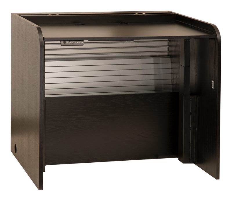 Ascension 1444 lift desk raised, rolltop open showing the interior equipment bay
