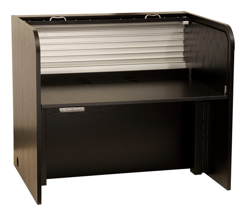 Ascension 1444 lift desk lowered with rolltop open, thick side walls and lock visible
