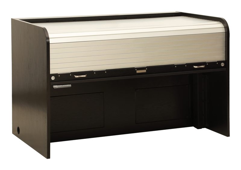 Ascension Series 1460 lift desk, three-quarter view closed with rolltop tambour