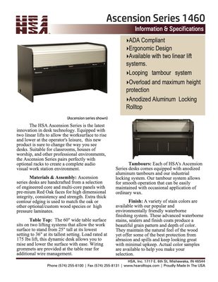 Ascension 1460 lift desk specification sheet with 62 inch width and feature list