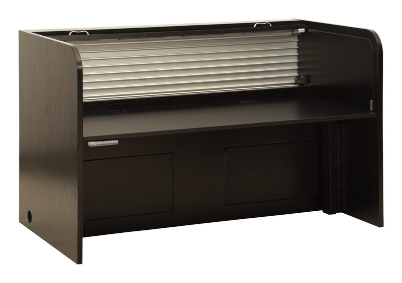 Ascension 1472 lift desk, straight-on front view with anodized rolltop closed