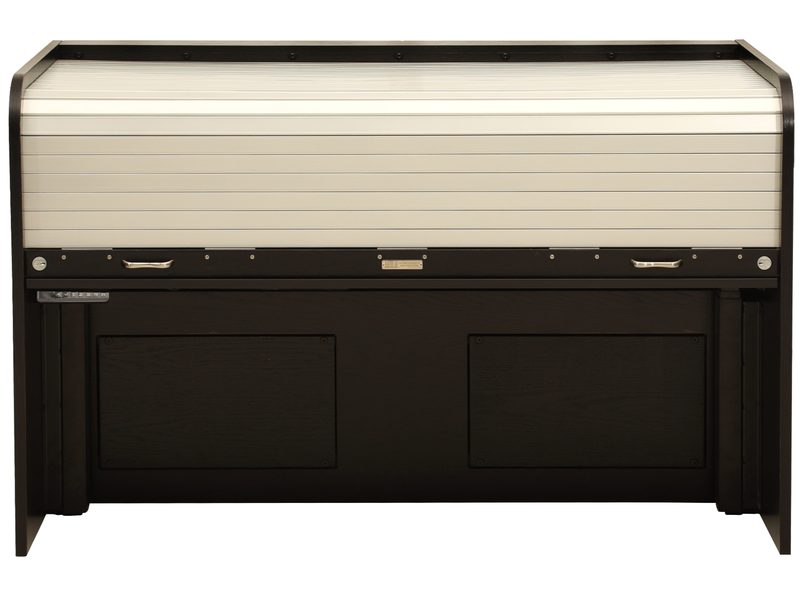 Ascension 1472 lift desk, angle view with tambour partly open over equipment bay