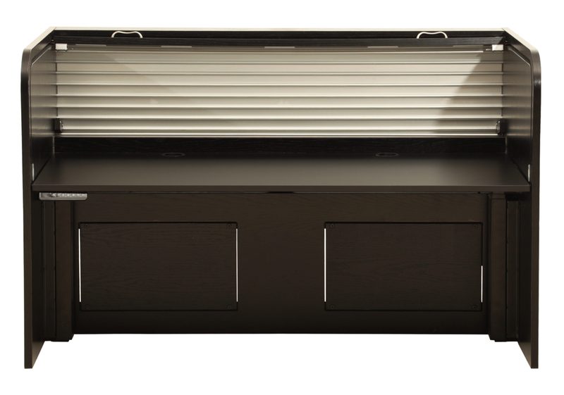 Ascension 1472 lift desk, rear three-quarter view of one inch thick side walls