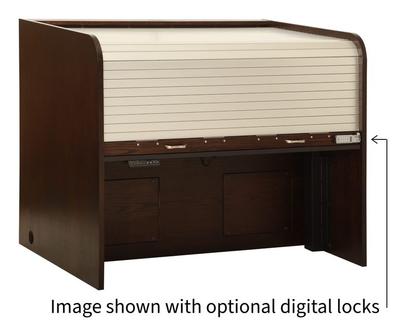 Ascension Series 1860-D lift desk, front view closed with anodized rolltop tambour