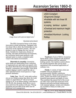 Ascension 1860-D lift desk specification sheet with dimensions and standard features