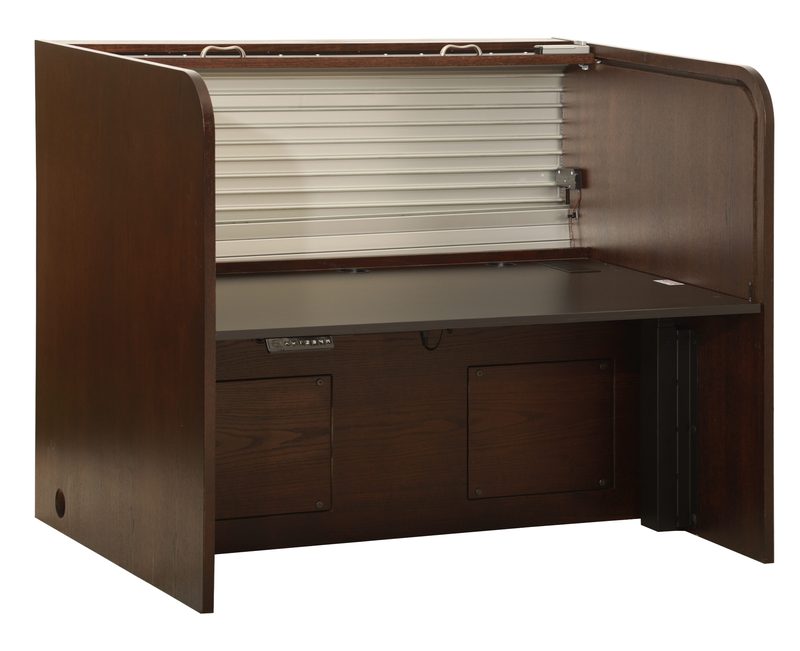 Ascension 1860-D lift desk, angle view open showing the interior equipment bay
