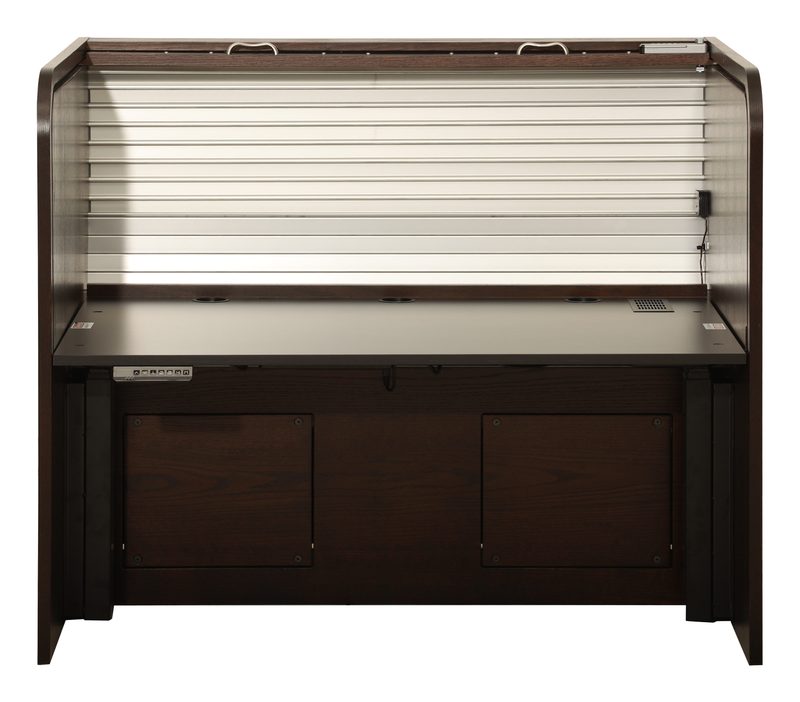 Ascension 1860-D lift desk, straight front view open with rolltop retracted