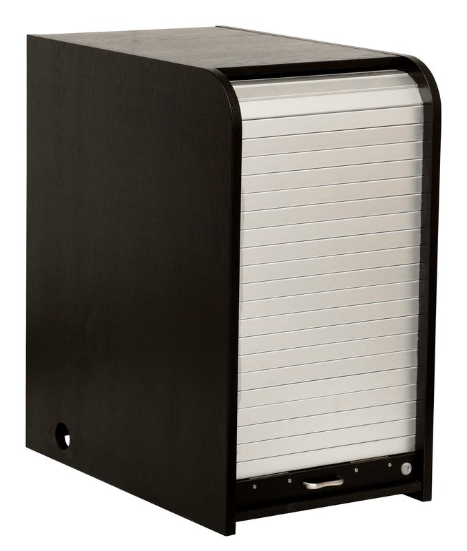 Ascension 18RU A/V rack, three-quarter view with locking rolltop closed
