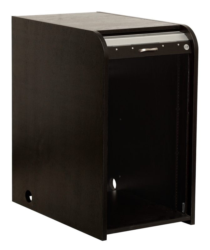 Ascension 18RU equipment rack, front view showing anodized aluminum tambour