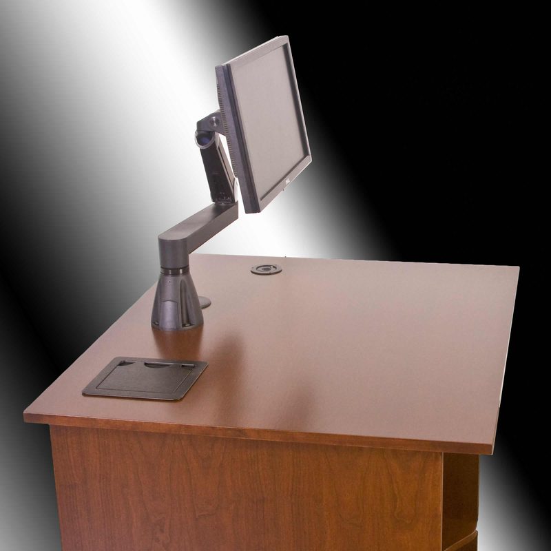 AV presenter cart with monitor arm, cubby and tabletop cable management ahead of the 12 RU rack bay