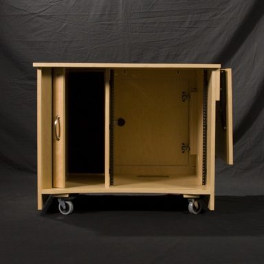 AV cart front view open with the drop leaf down, showing the 12 RU rack and CPU tower bay
