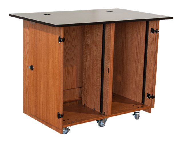 Dual rack instructor cart in Warm Cherry on plain-sliced oak with twin rack bays and a laminate worktop