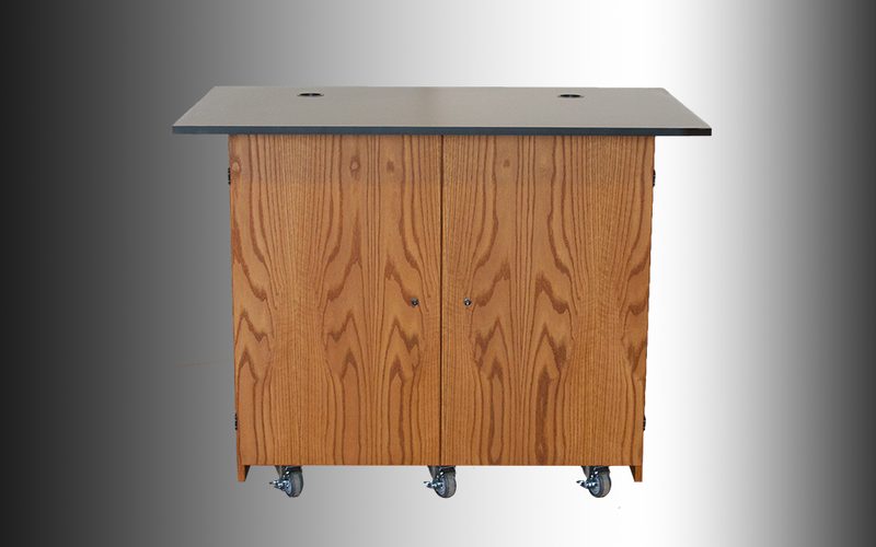 Dual rack instructor cart front view with 270 degree hinged locking doors closed and six locking casters