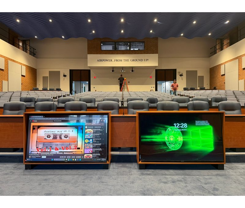 Stage video monitor cart in Warm Cherry holding a large format 65 inch display