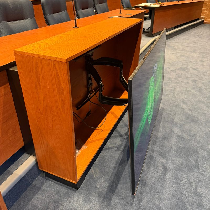 Stage video monitor cart, alternate angle showing the Warm Cherry finish and monitor mount