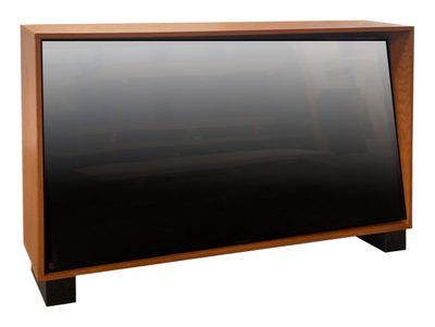 Stage video monitor cart, front angle view with overall dimensions marked for the 65 inch screen