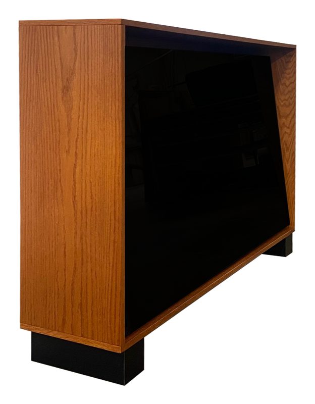 Stage video monitor cart in a dark finish, front view with a large format display mounted