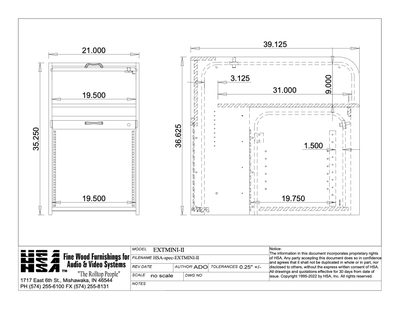 EXTMINI-II spec sheet drawing with external dimensions and rack layout