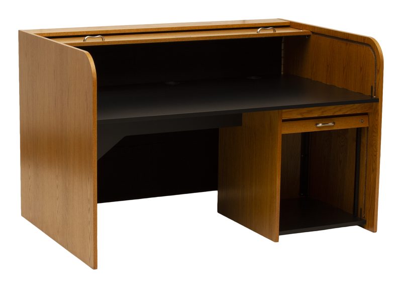 EXTRT-II Extended Rolltop desk with the rolltop open and the undermounted rack visible