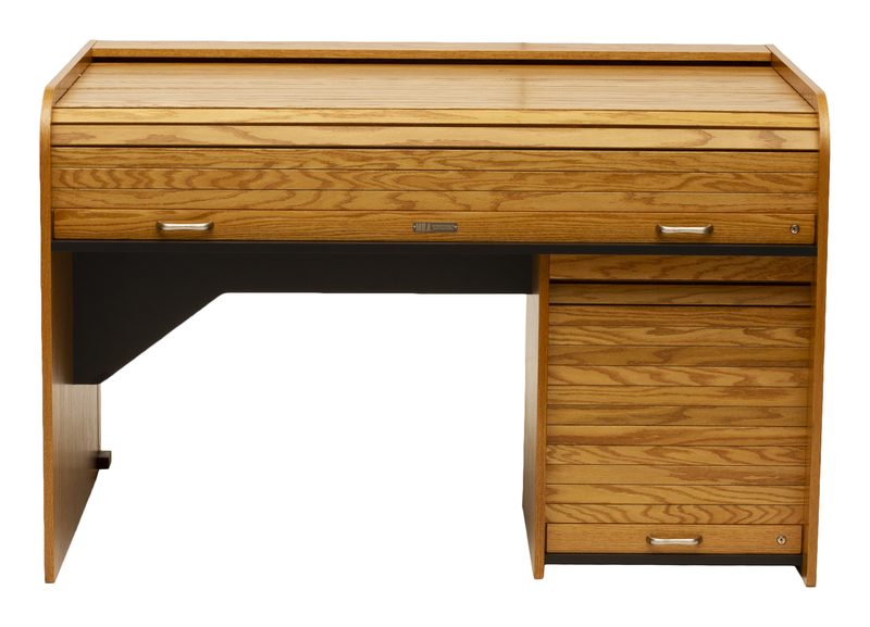 EXTRT-II Extended Rolltop desk side view showing its deep work surface and rack bay