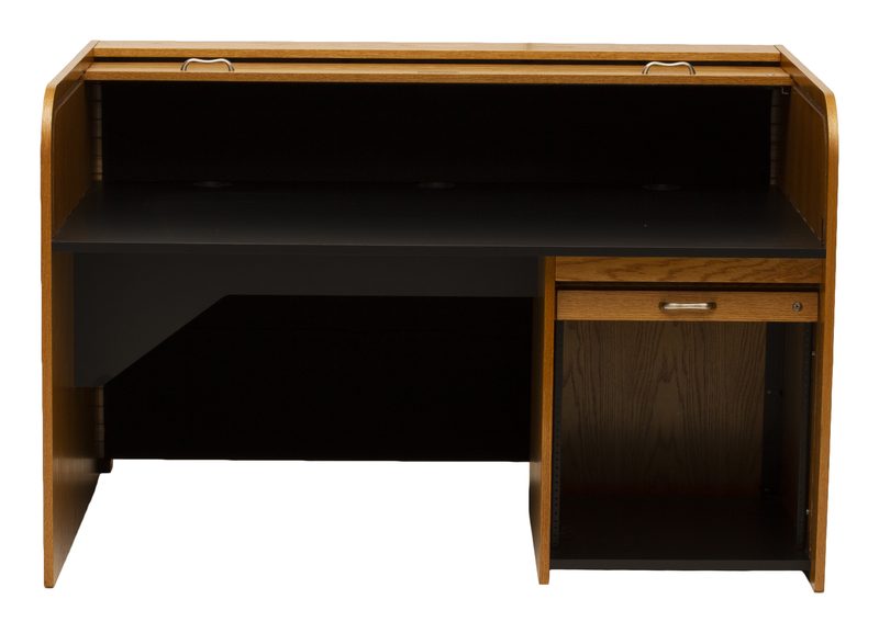 EXTRT-II Extended Rolltop desk rear view with the rack access panel in place